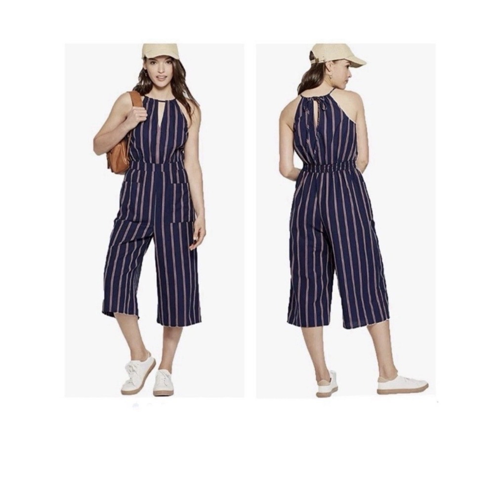 NWT Universal Thread Striped Navy‎ Coastal Halter Neck Wide Leg Jumpsuit XL